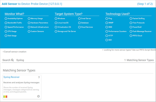 Syslog Receiver Sensor in the Add Sensor Dialog